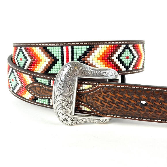 NEW Nocona Mens 42 Aztec Beaded Western Cowboy Brown Leather Belt NWT N210004408 - Picture 1 of 8